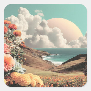 Pegatina Cuadrada Paisaje costero surrealista con flores y nubes