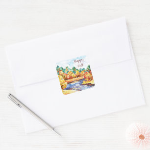 Pegatina Cuadrada Paisaje de acuarela de otoño con texto personaliza