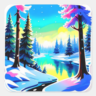 Pegatina Cuadrada Paisaje de bosque invernal con árboles nevados