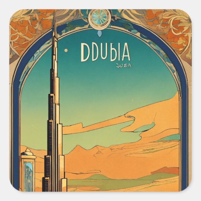 Pegatina Cuadrada Paisaje de Dubai - Postc Art Nouveau de estilo grá (Anverso)