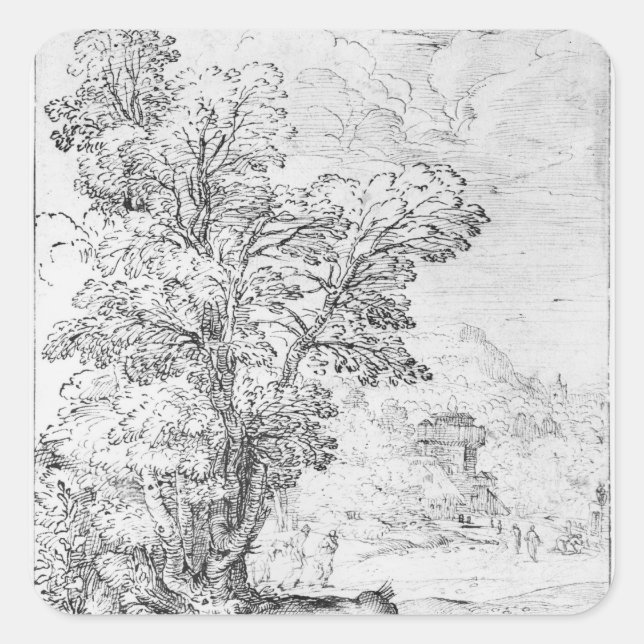 Pegatina Cuadrada Paisaje de madera (Anverso)
