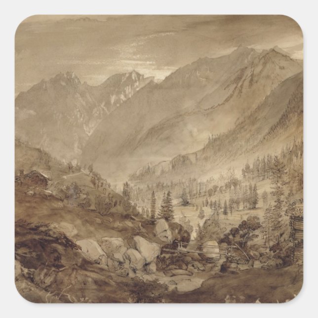 Pegatina Cuadrada Paisaje de montaña, Macugnaga, 1845 (pluma y marró (Anverso)