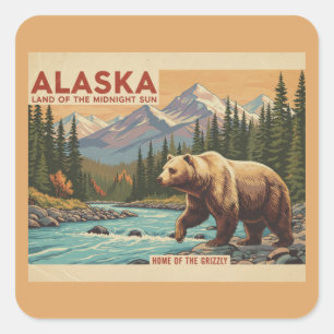 Pegatina Cuadrada Paisaje de oso grizzly de viaje a Alaska