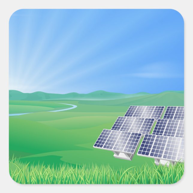 Pegatina Cuadrada Paisaje de Paneles Solares Ecológicos (Anverso)