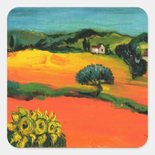 PEGATINA CUADRADA PAISAJE DE TOSCANA CON GIRASOLES