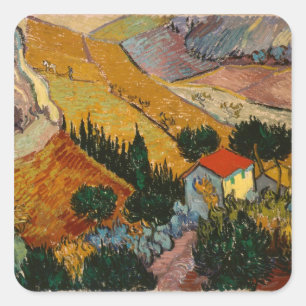 Pegatina Cuadrada Paisaje de Vincent van Gogh el   con la casa y el