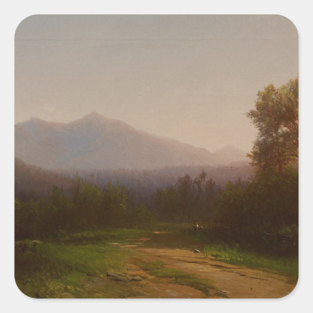 Pegatina Cuadrada Paisaje del río Hudson, c.1860-5 (aceite sobre lie (Anverso)