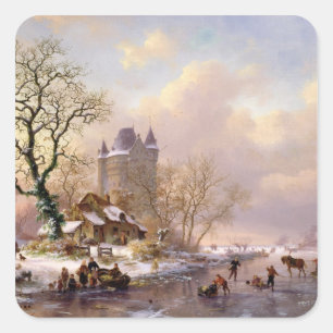 Pegatina Cuadrada Paisaje invernal con un castillo