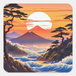 Pegatina Cuadrada Paisaje japonés del sol