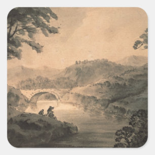 Pegatina Cuadrada Paisaje (lavado de la pluma y de la tinta)