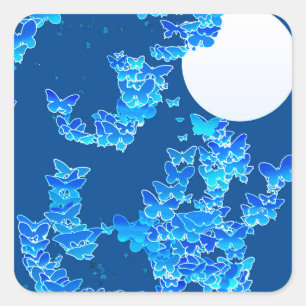 Pegatina Cuadrada Paisaje lunar con mariposas - azul índigo profundo