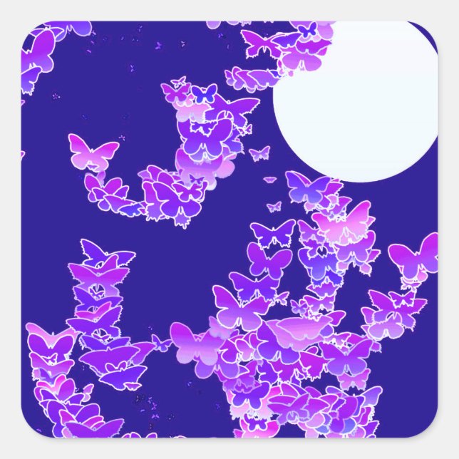 Pegatina Cuadrada Paisaje lunar con mariposas - lila, azul profundo (Anverso)