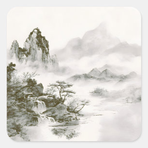 Pegatina Cuadrada Paisaje minimalista de montaña Zen con tinta brumo