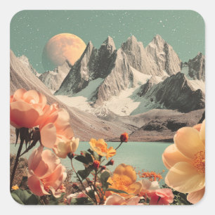 Pegatina Cuadrada Paisaje Montañoso Surrealista Con Flores En Flor