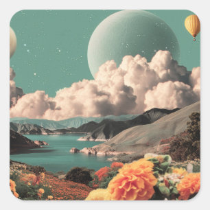 Pegatina Cuadrada Paisaje Montañoso Surrealista con Planetas y Nubes