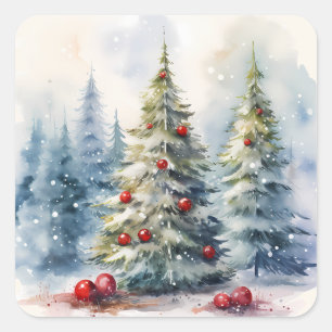 Pegatina Cuadrada Paisaje nevado de los árboles de Navidad