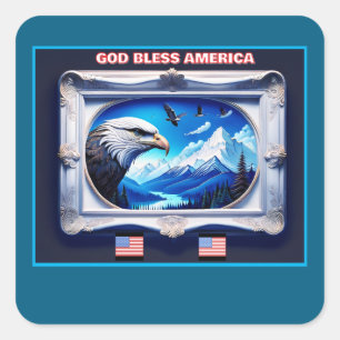 Pegatina Cuadrada Paisaje patriótico con bandera de águila calva