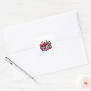 Pegatina Cuadrada Paisaje Retro Neon Cityscape con Vibes de Comida R