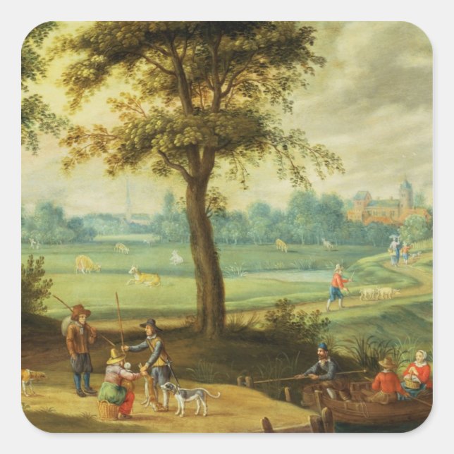 Pegatina Cuadrada Paisaje rural a orillas de un río (Anverso)