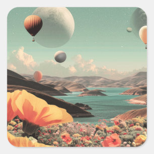 Pegatina Cuadrada Paisaje surrealista con globos aerostáticos y luna