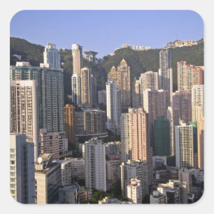 Pegatina Cuadrada Paisaje urbano de Hong Kong, China