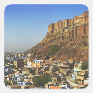 Pegatina Cuadrada Paisaje urbano de la Ciudad Azul con Meherangarh, 