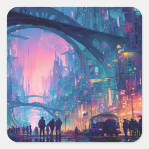 Pegatina Cuadrada Paisaje urbano futurista de ciberpunk con arcos br