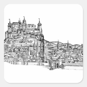 Pegatina Cuadrada Paisaje urbano minimalista de Würzburg, Baviera, a
