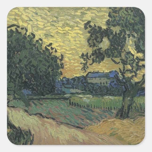 Pegatina Cuadrada Paisaje Van Gogh en Twilight (Anverso)