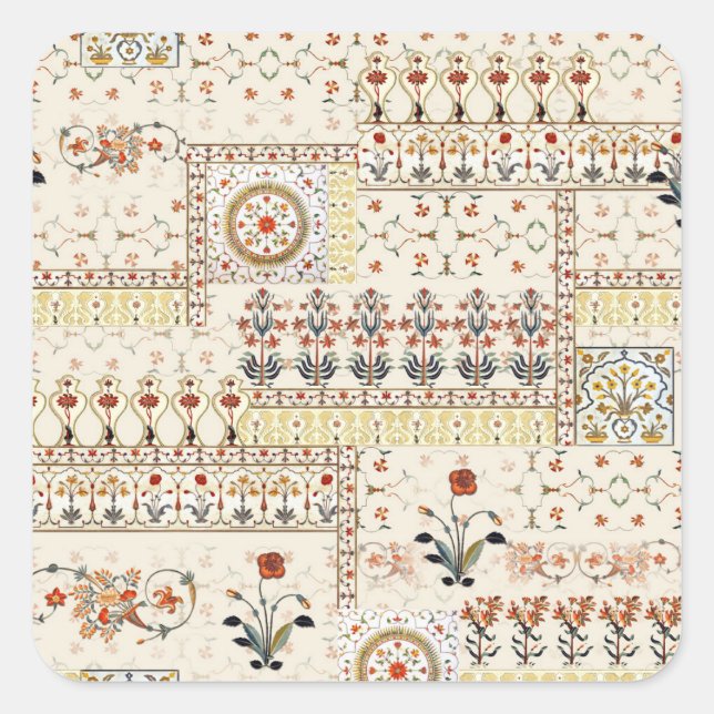 Pegatina Cuadrada Paisley floral mogol: Elegancia digital étnica. (Anverso)