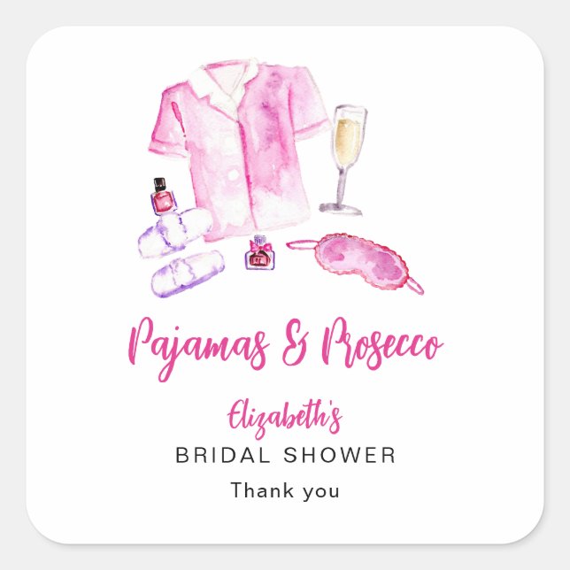 Pegatina Cuadrada Pajamas and Prosecco Bridal Shower Pink Custom (Anverso)