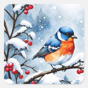 Pegatina Cuadrada Pajarito azul en la nieve
