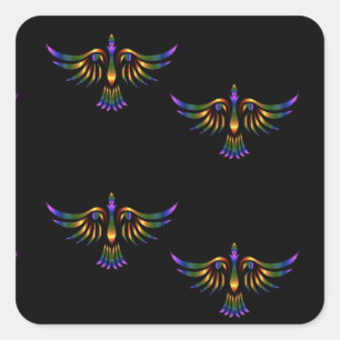 Pegatina Cuadrada Pájaro abstracto dorado, púrpura y verde sobre neg