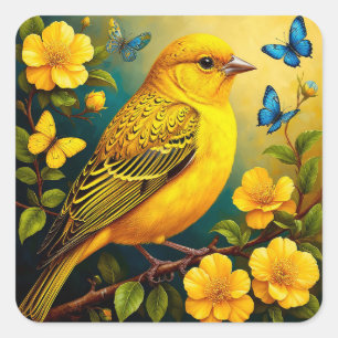 Pegatina Cuadrada Pájaro Amarillo Floral Alegría de Primavera