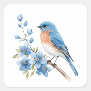 Pegatina Cuadrada Pájaro azul con flores azules
