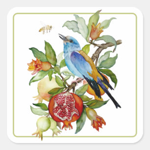 Pegatina Cuadrada Pájaro Azul Entre Granadas Botánico Acuarela
