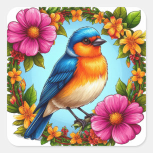 Pegatina Cuadrada Pájaro Azul Y Flores Para Amantes De La Naturaleza