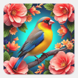 Pegatina Cuadrada Pájaro Cantador Posado Entre Flores Brillantes