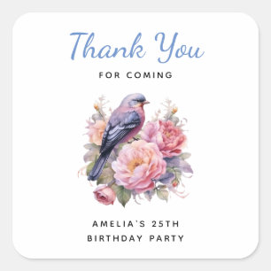 Pegatina Cuadrada Pájaro Cantador sobre Peonías Rosadas Cumpleaños G