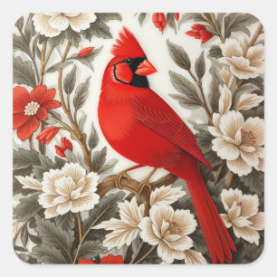 Pegatina Cuadrada Pájaro Cardinal del Norte Floral Hermoso