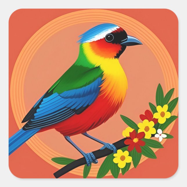 Pegatina Cuadrada Pájaro Colorido Encaramado Entre Flores Vivas (Anverso)