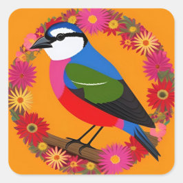 Pegatina Cuadrada Pájaro Colorido Encaramado Entre Flores Vivas