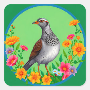 Pegatina Cuadrada Pájaro Colorido Entre Flores en Floración