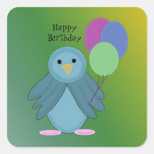 Pegatina Cuadrada Pájaro con globos de cumpleaños