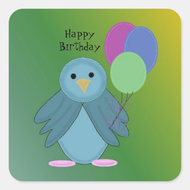 Pegatina Cuadrada Pájaro con globos de cumpleaños (Anverso)