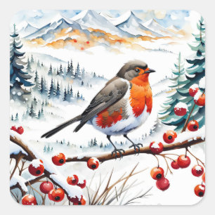 Pegatina Cuadrada Pájaro con nieve y bayas rojas
