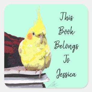 Pegatina Cuadrada Pájaro de Cockatiel realista encaramado en libros