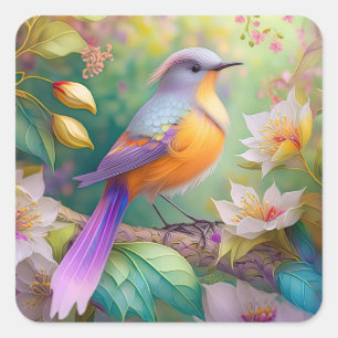 Pegatina Cuadrada Pájaro de fantasía de cabeza lavanda y pecho naran
