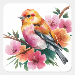 Pegatina Cuadrada Pájaro de Flor Rosa