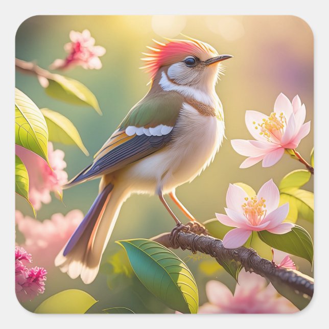 Pegatina Cuadrada Pájaro de la Fantasía de Warbler con cabeza roja (Anverso)